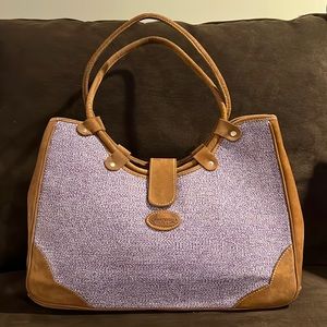 Leather and fabric shoulder bag.  Handmade in Guatemala. Brown leather. Purple.